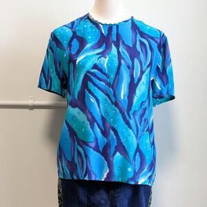 Vintage 90s Abstract Silk Blouse Blue Purple Boho Indie Minimalist M